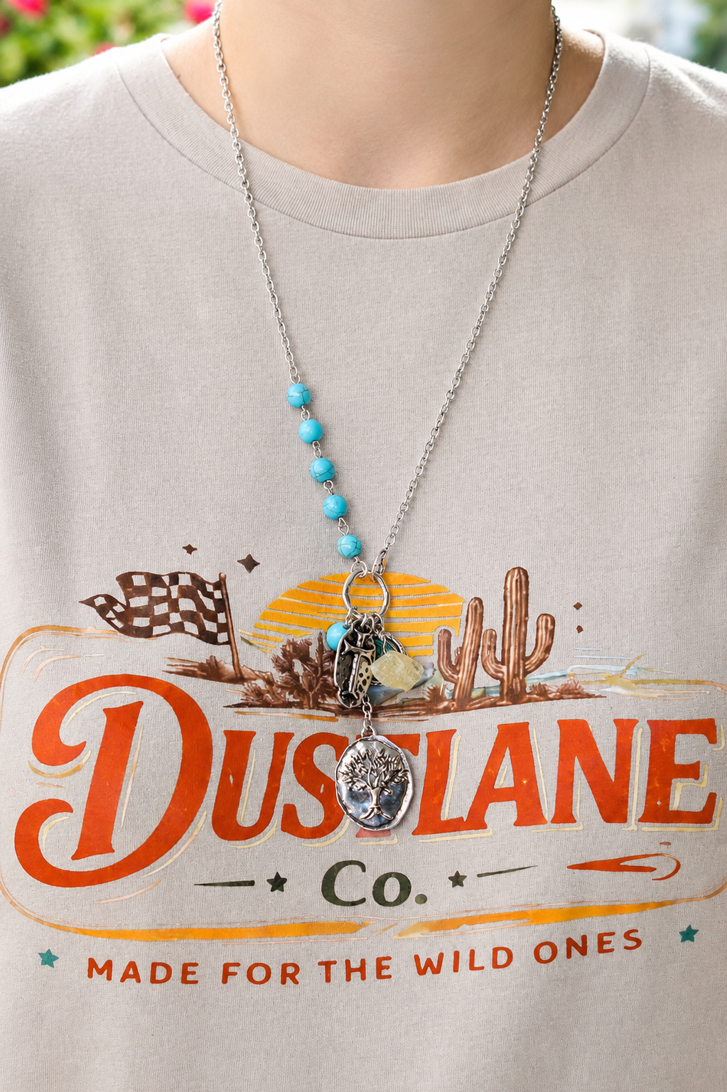 Western Cross Charms Turquoise Beads Necklace Earring Set